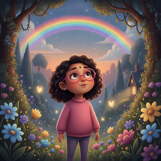 Scene 1: curly-haired girl with pink round glasses and a bindi beneath a rainbow in a flower garden