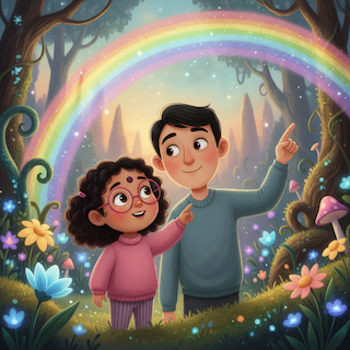 Scene 3: the same curly-haired girl with pink round glasses and a bindi beside an adult under a rainbow
