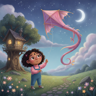 Scene 6: the same curly-haired girl with pink round glasses and a bindi flying a kite