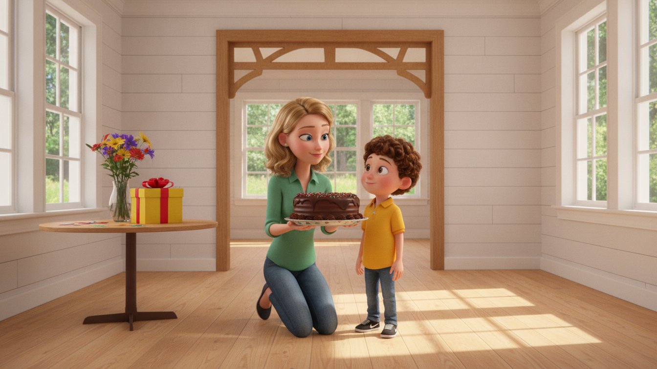 A blonde mother in a green top kneels beside a young boy with short curly brown hair and a yellow shirt while holding a birthday cake.