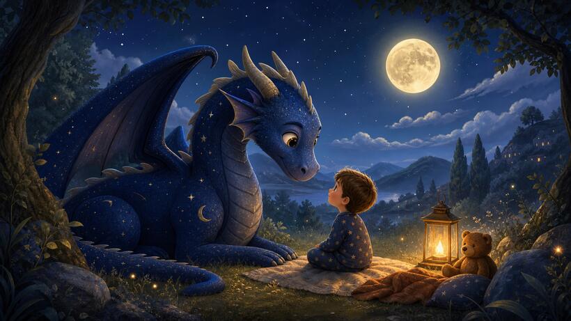 Friendly moonlit dragon meeting a child beside a warm lantern