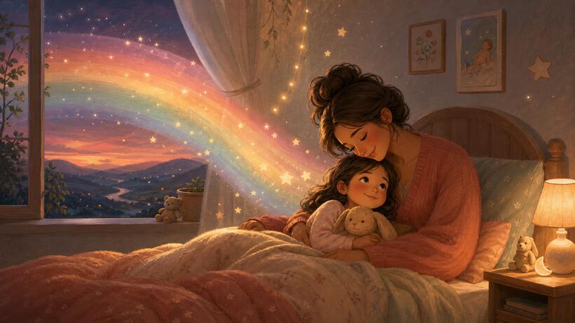 Mother and child sharing a rainbow-lit goodnight