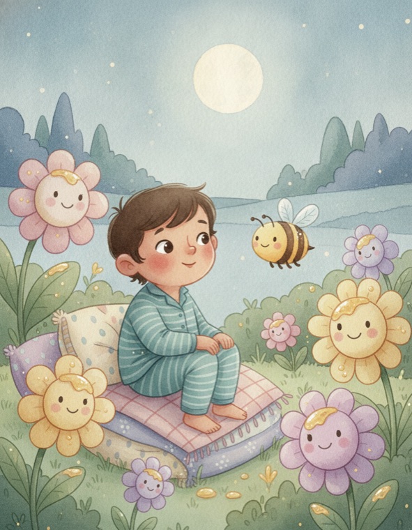 A child resting in a calm moonlit story world